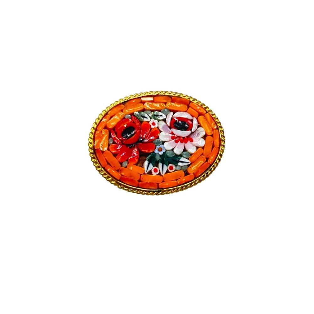 Vintage Italian Mosaic Brooch Orange Red Pink Flowers Oval Shaped Gold Tone Meta